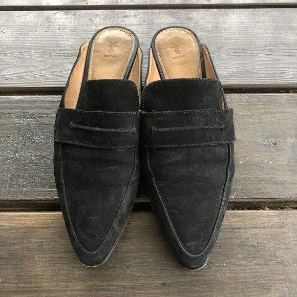 Black Frye Ellie Nubuck Leather Slip On Mules 10 - Picture 2 of 6